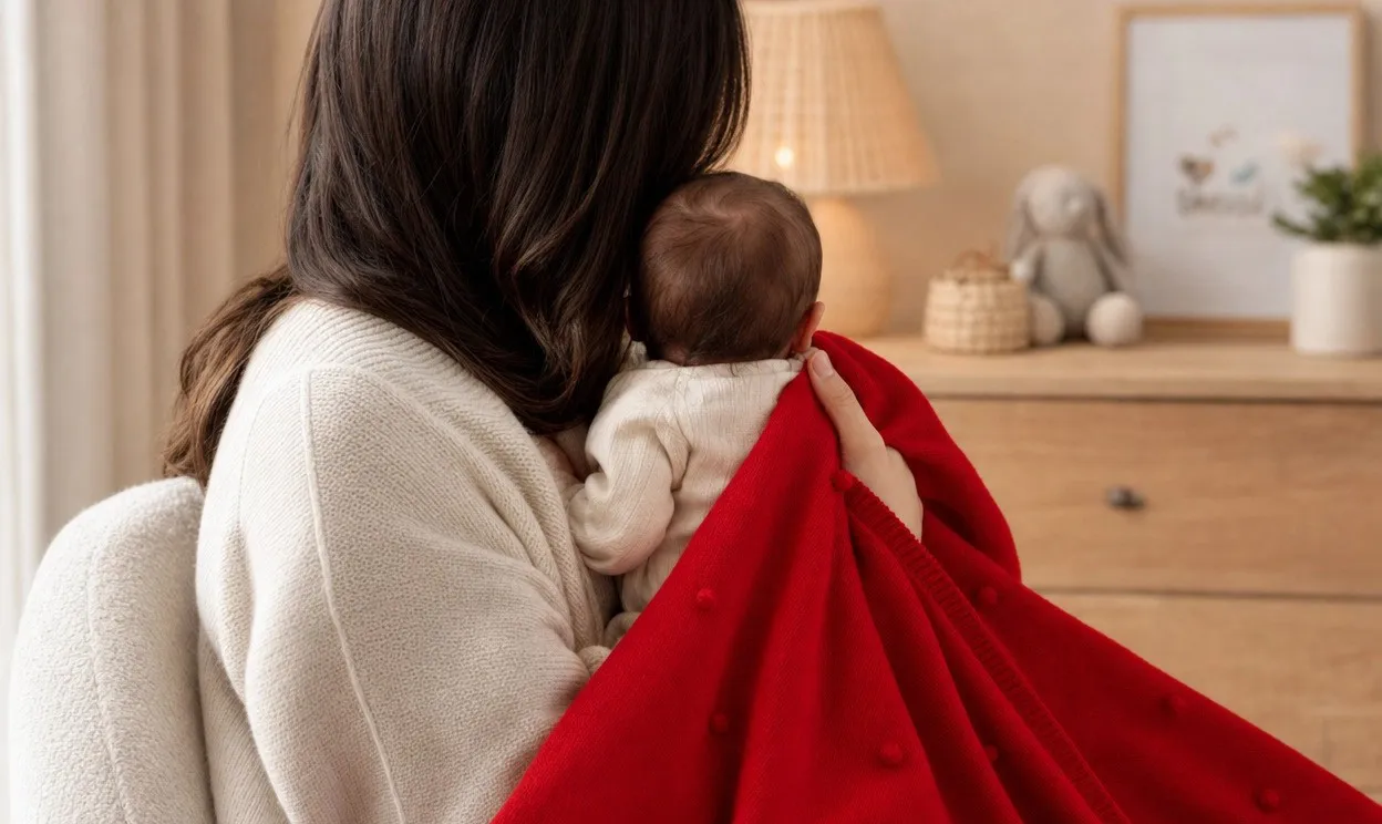Mãe com o bebê enrolado na manta de tricô