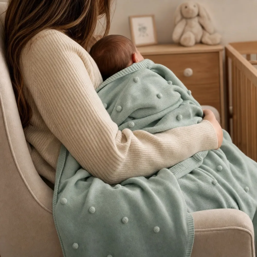 Mãe segurando o bebê adormecido enrolado na manta de tricô