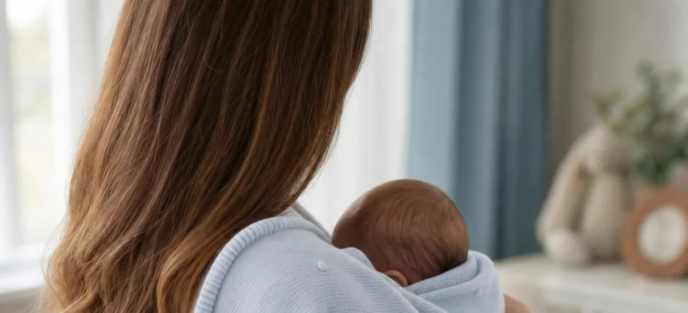 Mãe segurando o bebê enrolado na manta de tricô
